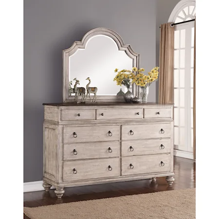 Relaxed Vintage Dresser and Mirror Combo with 9-Drawers